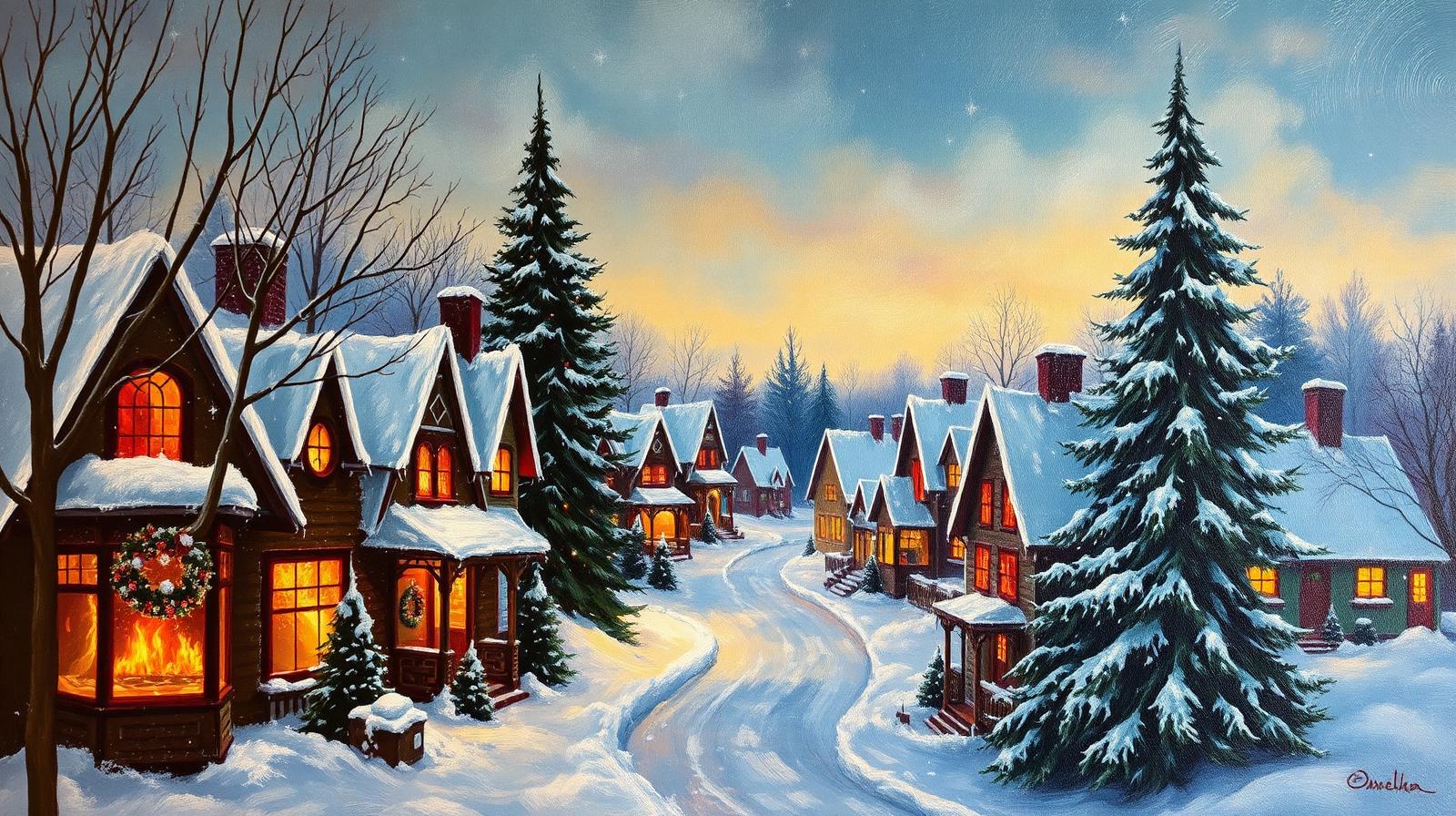 A snowy village at dusk with glowing windows